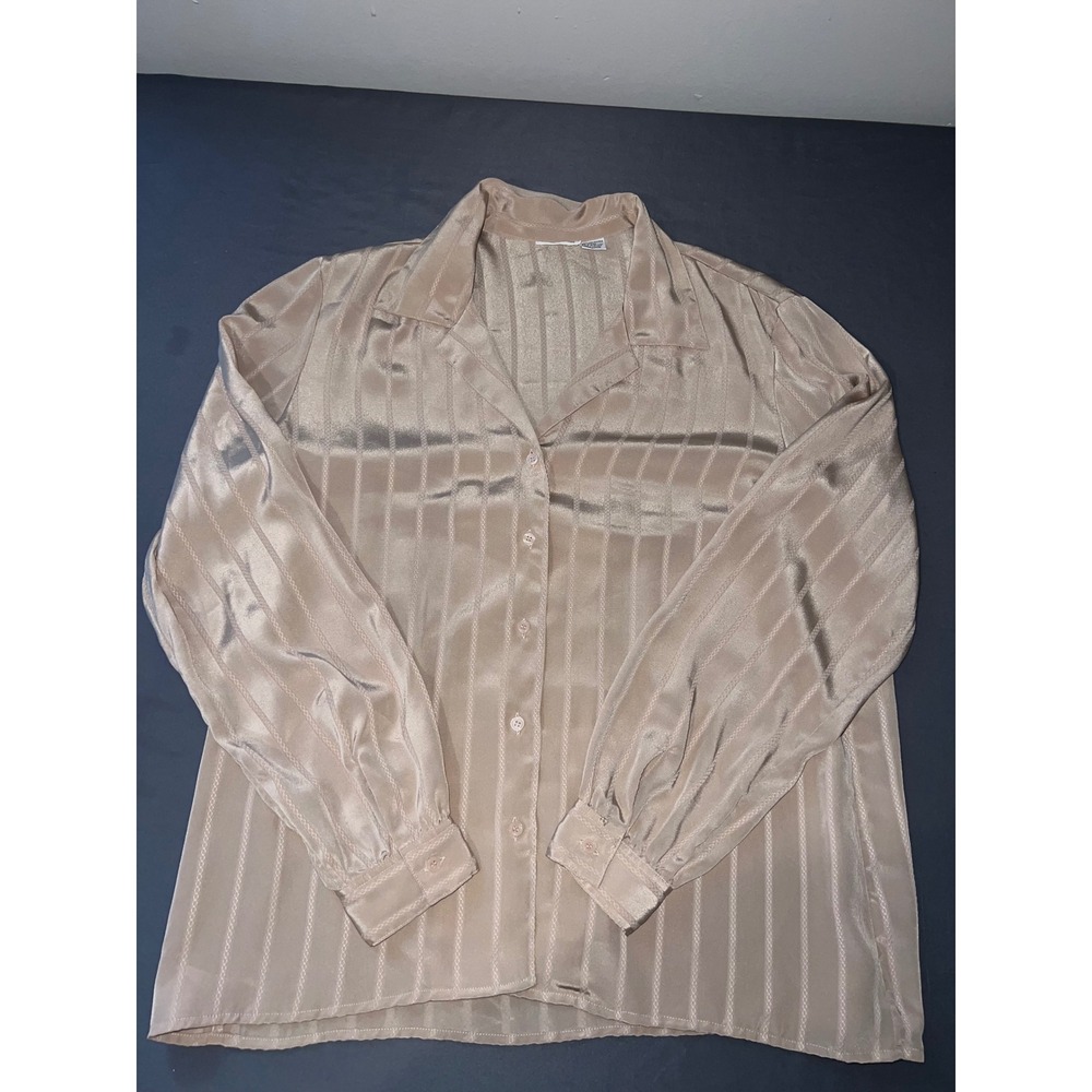 Country Suburbans Tan Striped Satin Button Down Blouse Size 12 Vintage Style